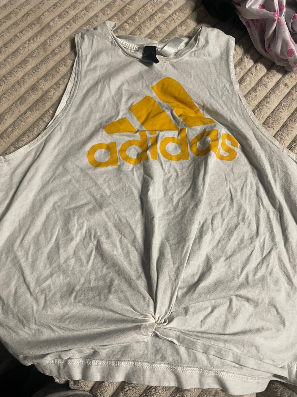 adidas White Muscle Tank with Yellow Logo